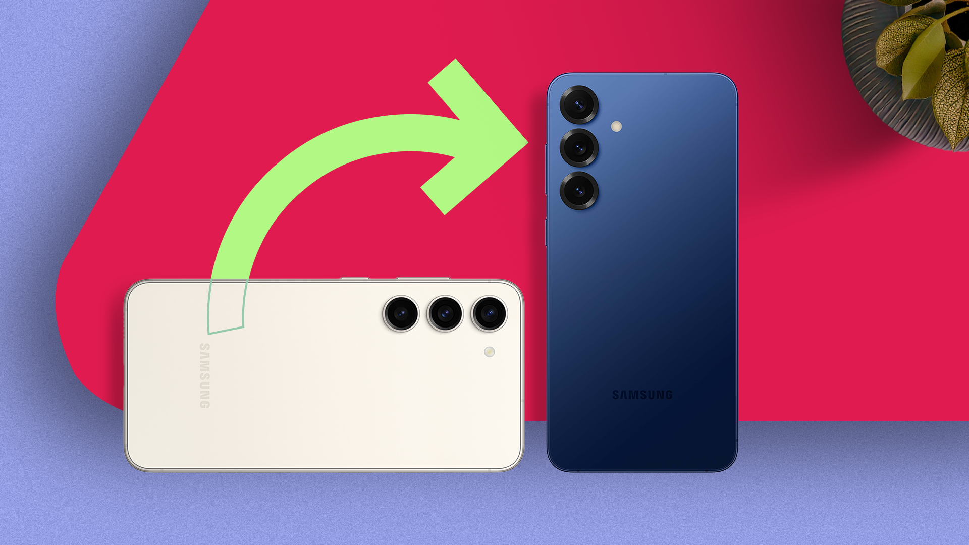 An arrow points from a Samsung Galaxy S23 to a Samsung Galaxy S25+ in a minimalist setup.