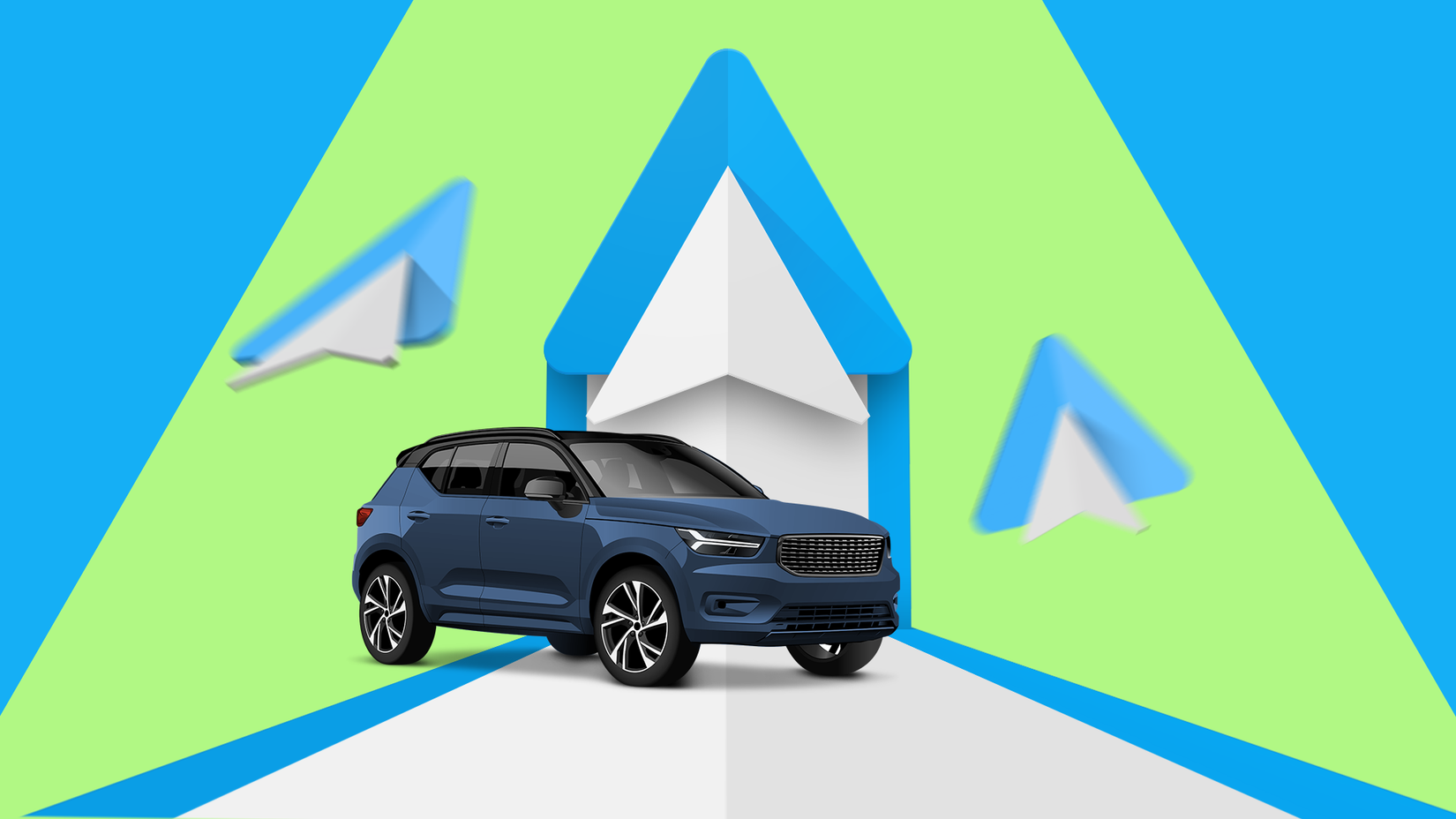 Um SUV azul em frente a um grande logotipo do Android Auto