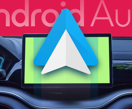 Android Auto logo displayed on a car’s central dashboard screen, with the words 'Android Auto' behind it