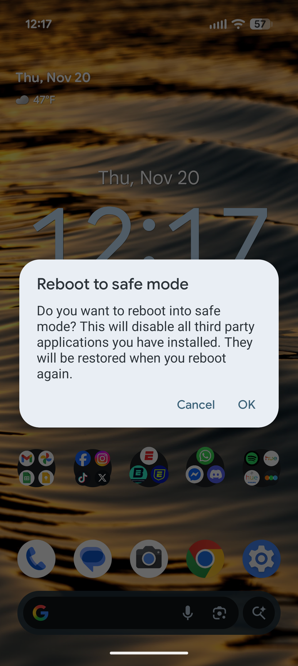 The Safe Mode confirmation pop-up in Android.