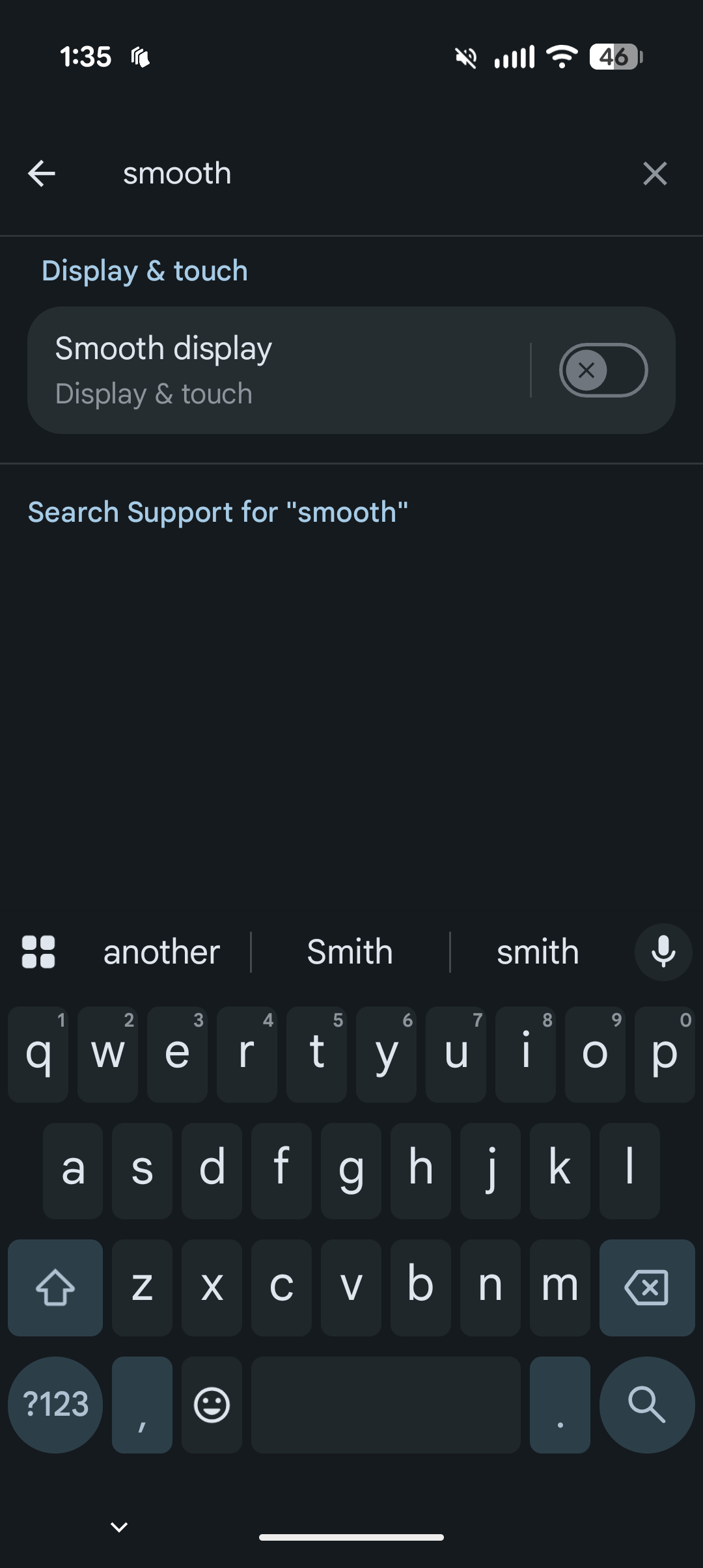 The search Settings interface on Android with Smooth Display selected.
