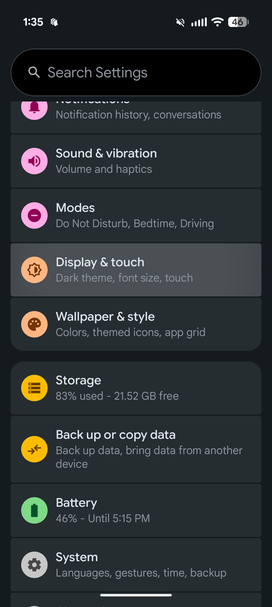 The Android settings menu with Display & touch highlights