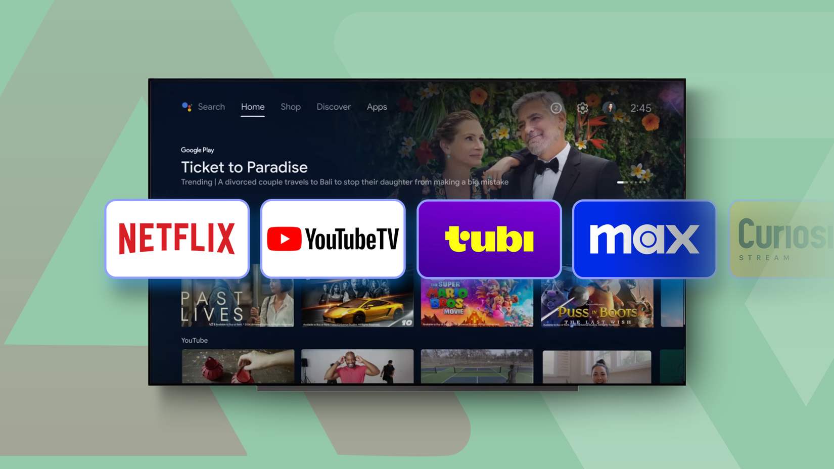 Android TV home screen with logos of Netflix, YouTube TV, Tubi, Max, and Curiosity Stream highlighted.