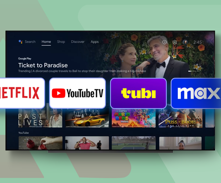Android TV home screen with logos of Netflix, YouTube TV, Tubi, Max, and Curiosity Stream highlighted.