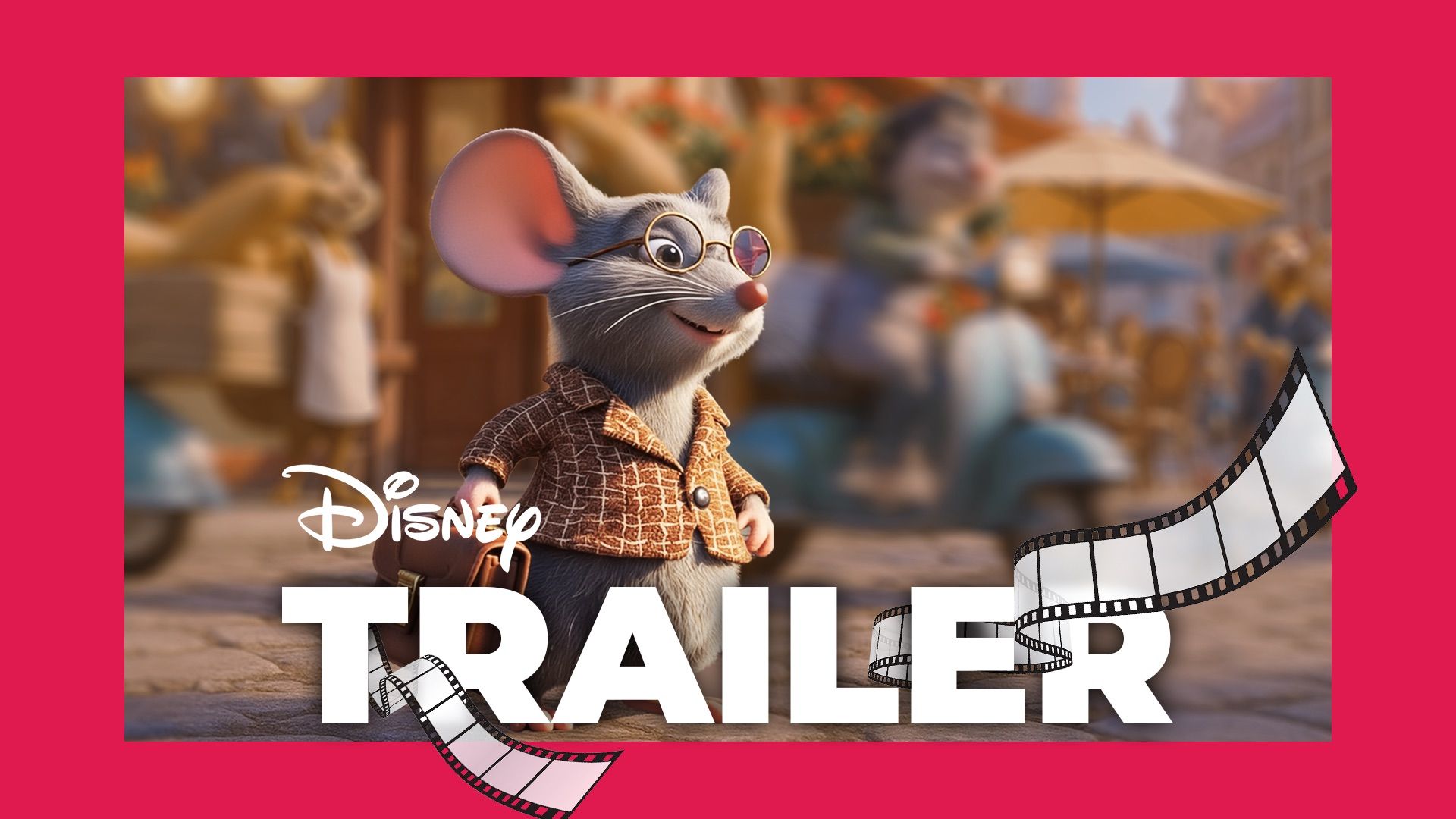 Topo sorridente che indossa maglietta e occhiali con il testo del trailer Disney davanti
