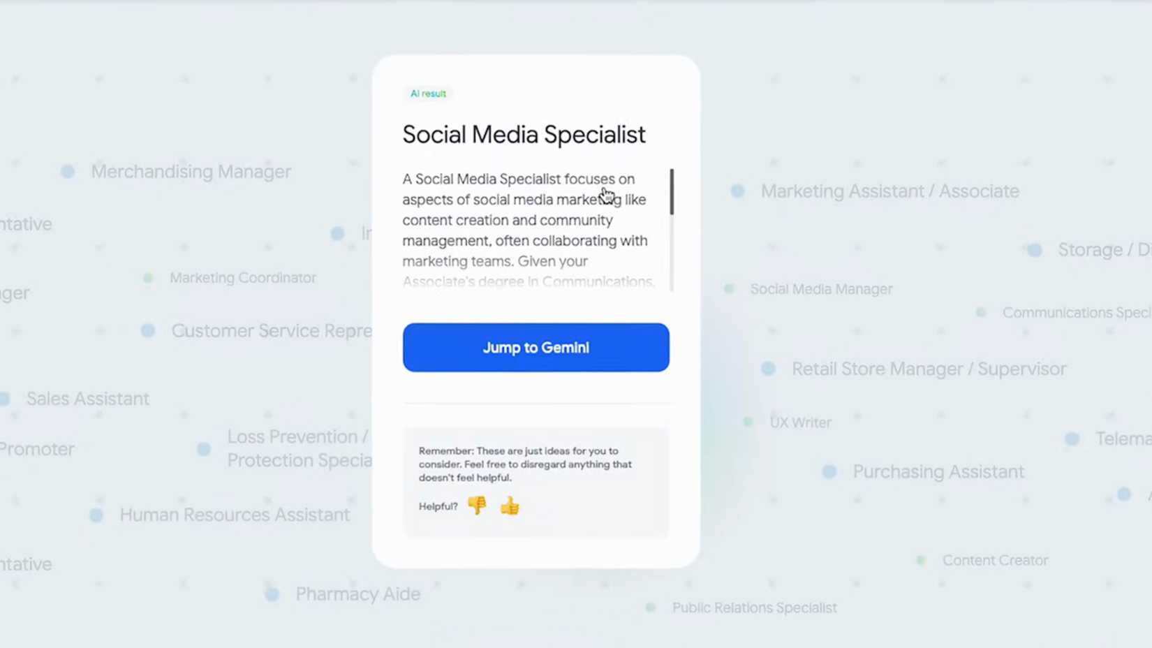 A pop-up card on the Career Dreamer platform displaying an AI result