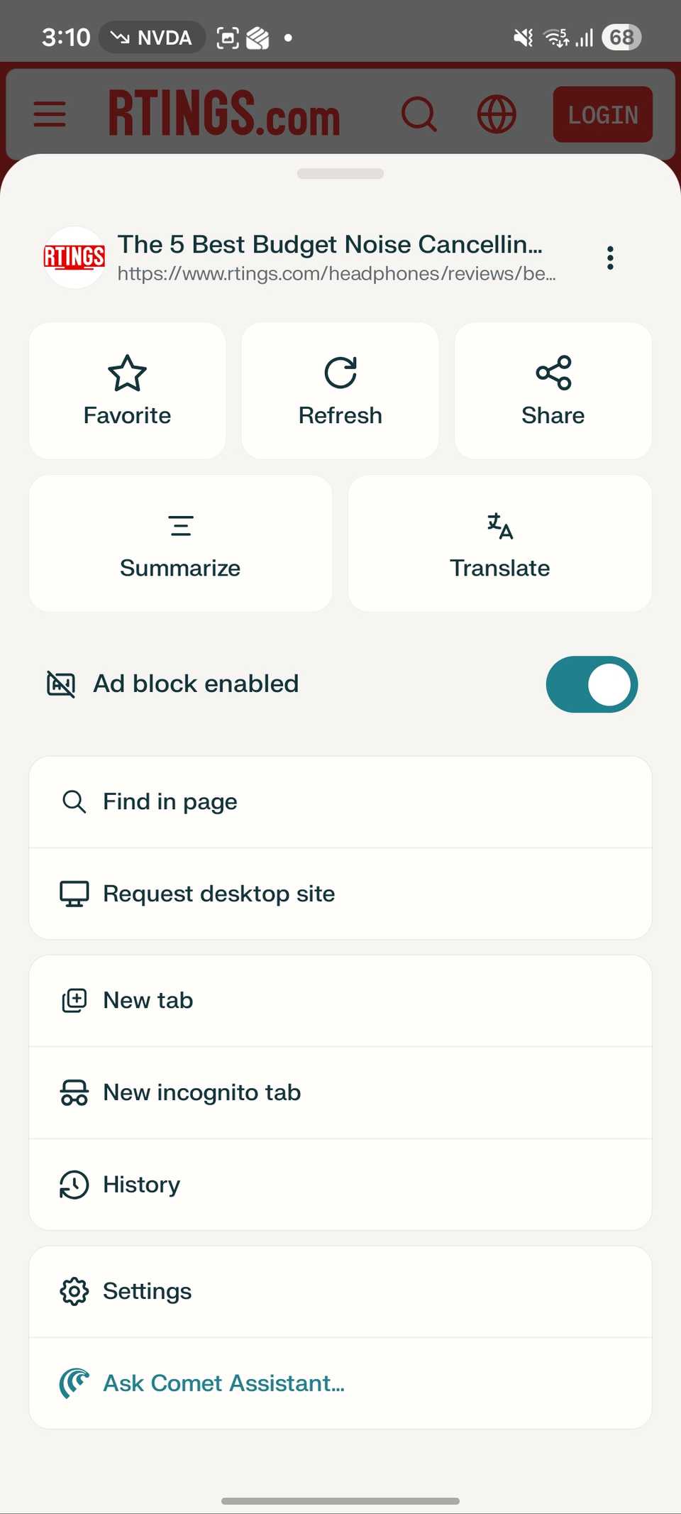 Pagina web di riepilogo della cometa