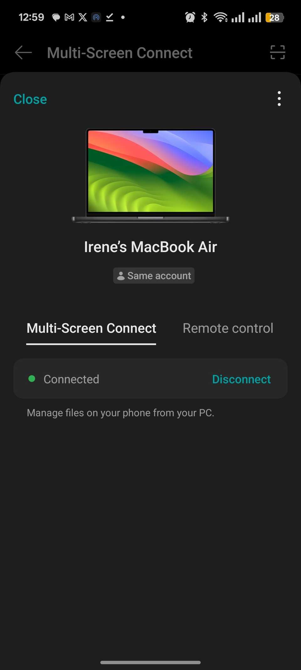 Menu showing connected MacBook Air to Realme Phone 