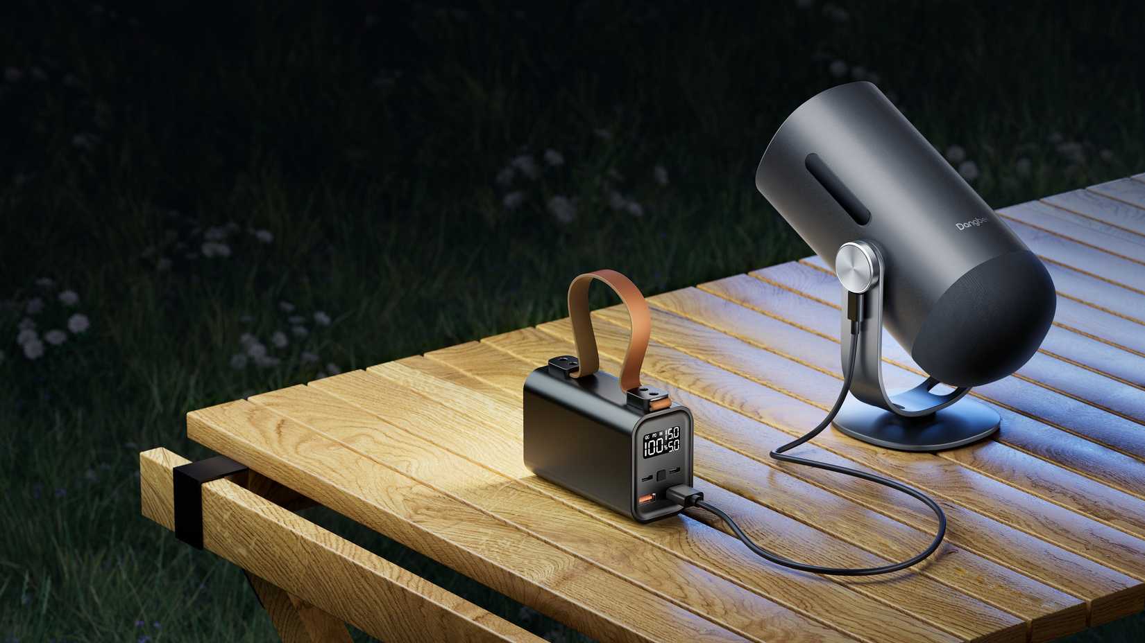 Dangbei Freedo on a wooden table connected to a power brick