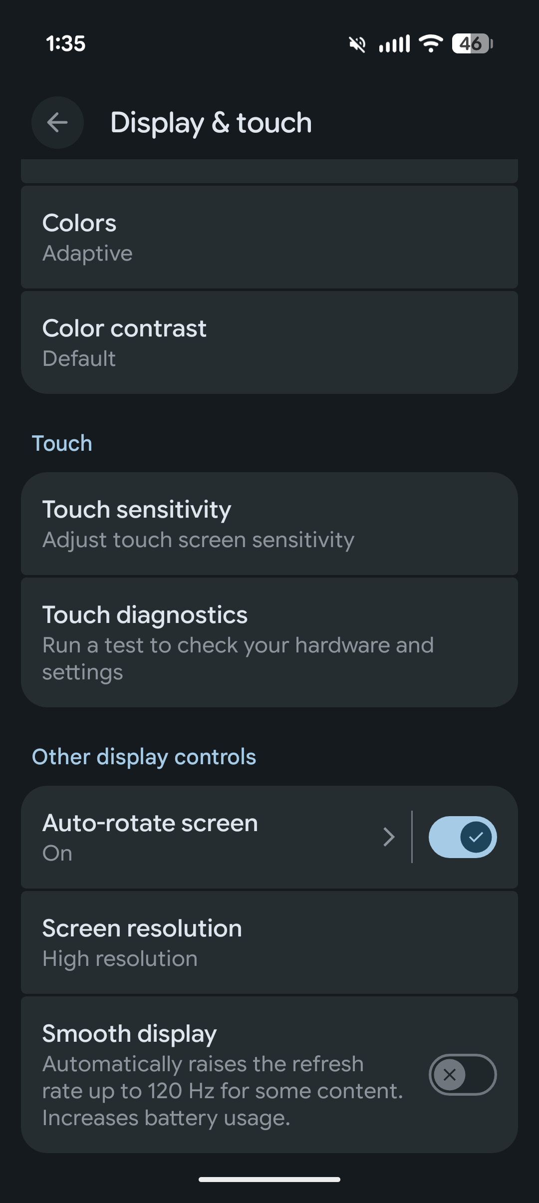 The Display & touch menu in Android