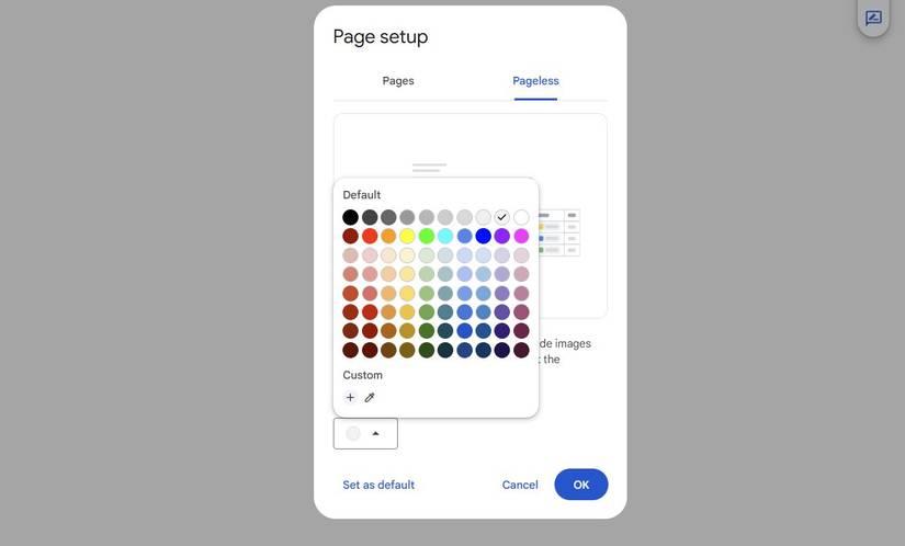Captura de tela mostrando as opções de configuração da página no Google Docs