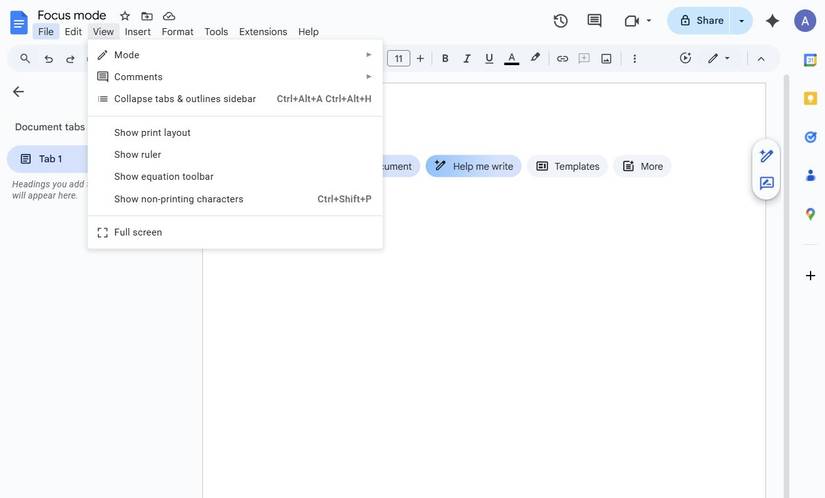 Screenshot showing the Full screen option in Google Docs