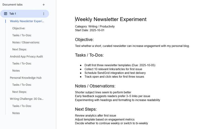 Captura de tela mostrando a visualização do Outline no Google Docs