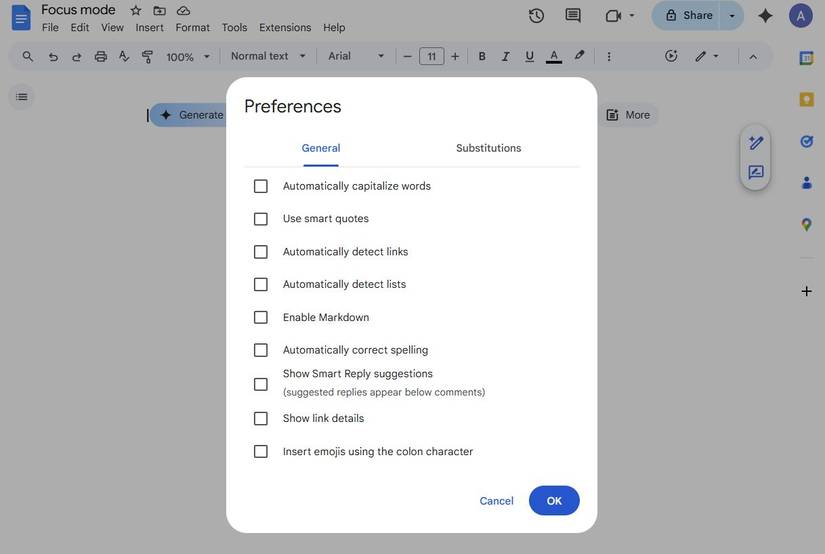 Captura de tela mostrando a página de preferências no Google Docs