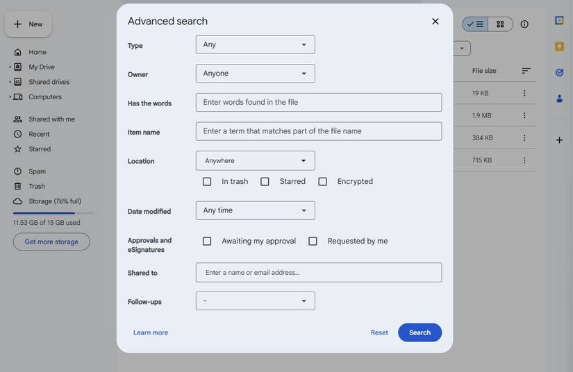 Captura de tela mostrando a página Pesquisa avançada no Google Drive