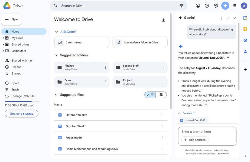 Captura de tela mostrando a pesquisa Gemini no Google Drive