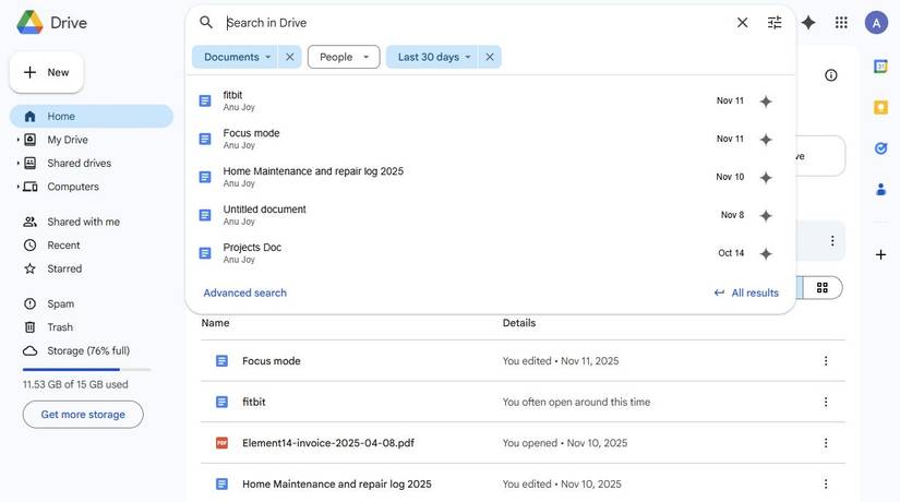 Screenshot showing search chips in Google Drive