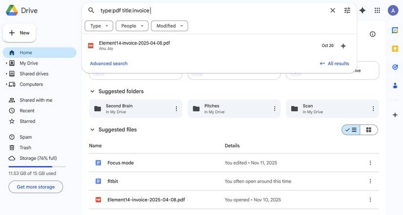 Captura de tela mostrando operadores de pesquisa no Google Drive