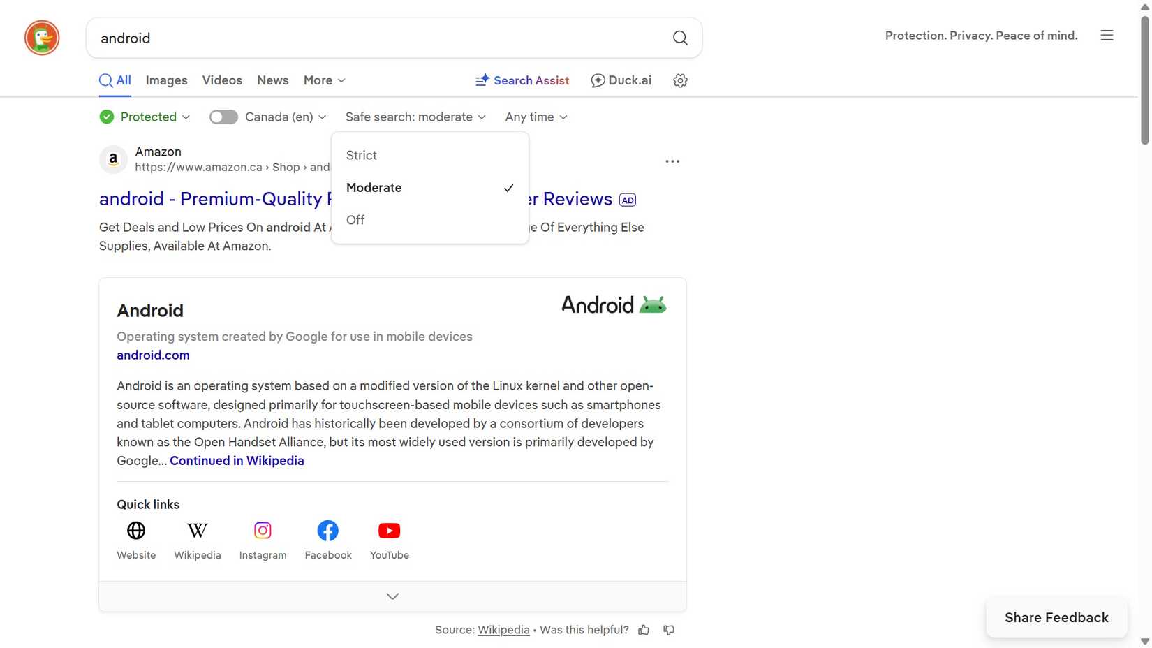 How to turn off Google SafeSearch and other search filters 13 Opened Safe search engine settings on the DuckDuckGo default search engine page with the Android search queried