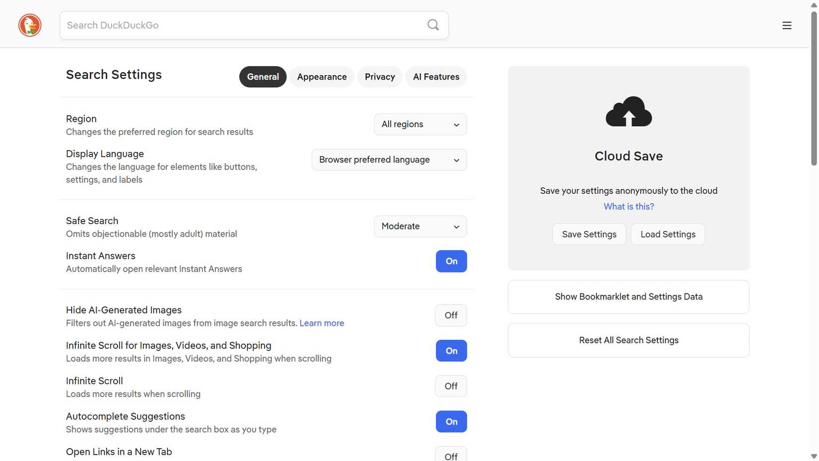 How to turn off Google SafeSearch and other search filters 14 DuckDuckGo search engine settings page showing a list of custom options including Safe Search