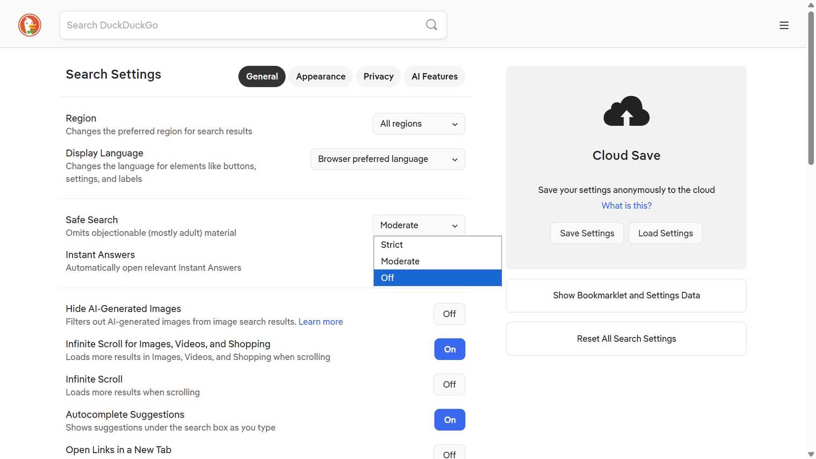How to turn off Google SafeSearch and other search filters 15 Safe Search options in DuckDuckGo settings showing with the Off option highlighted