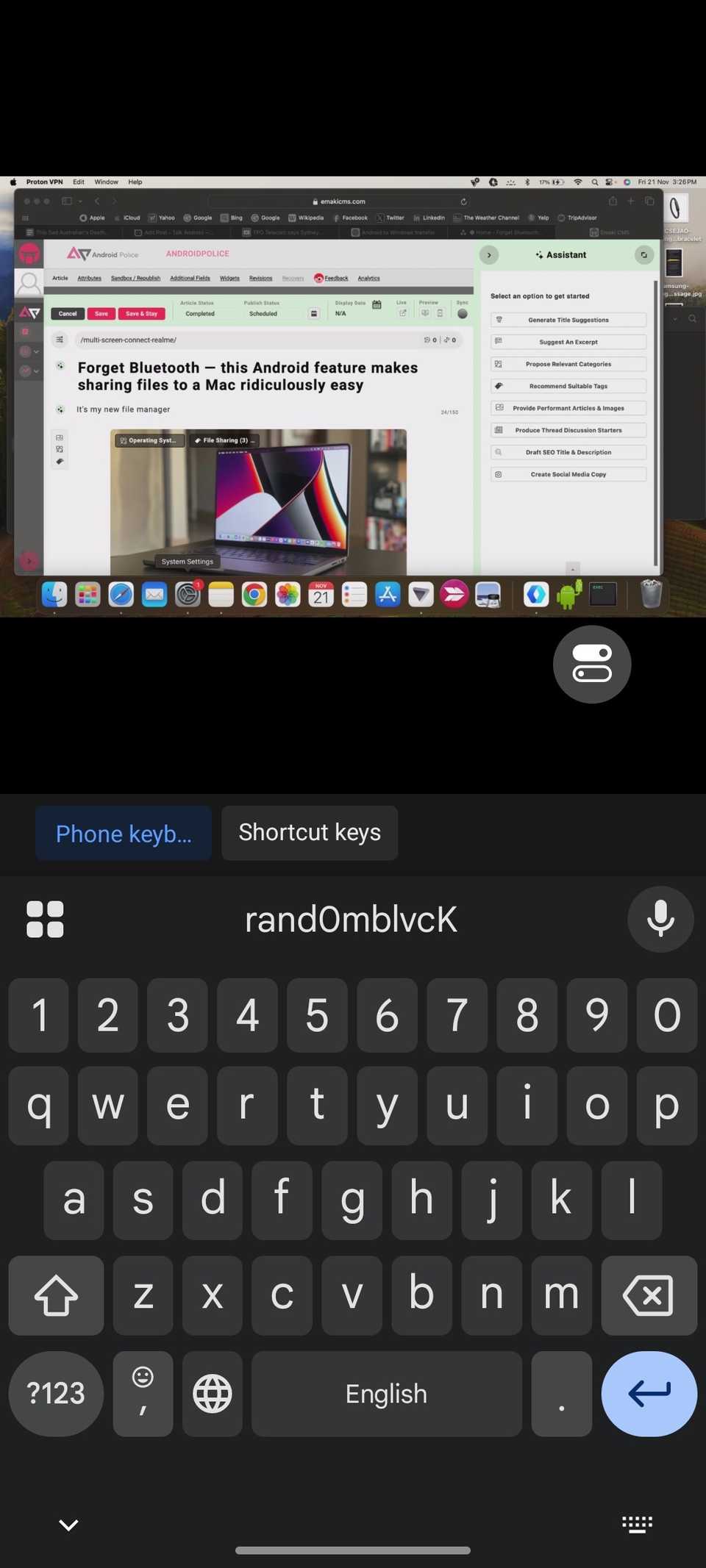User editing mirrored MacBook document on Android phone