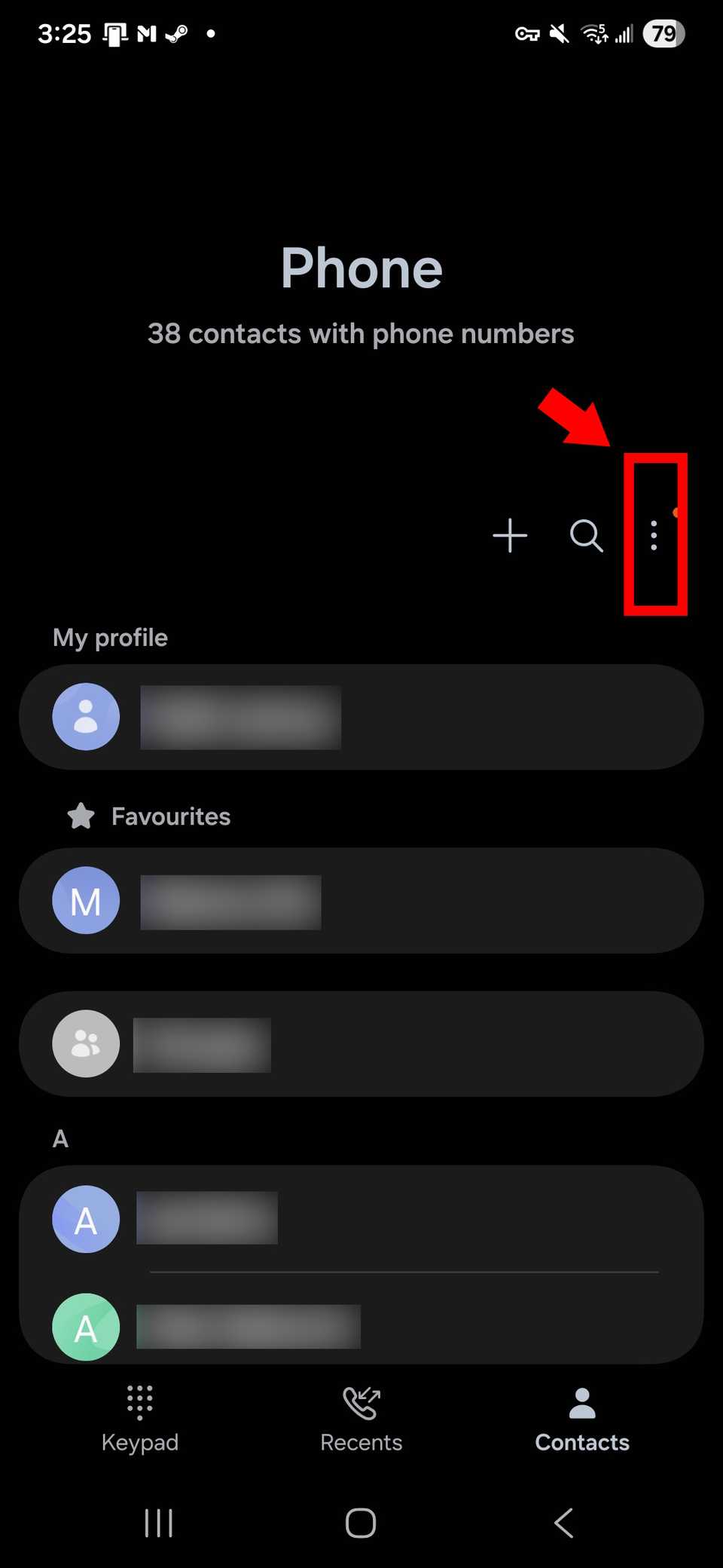 Red rectangle outline highlighting the three-dot icon on Samsung Phone app
