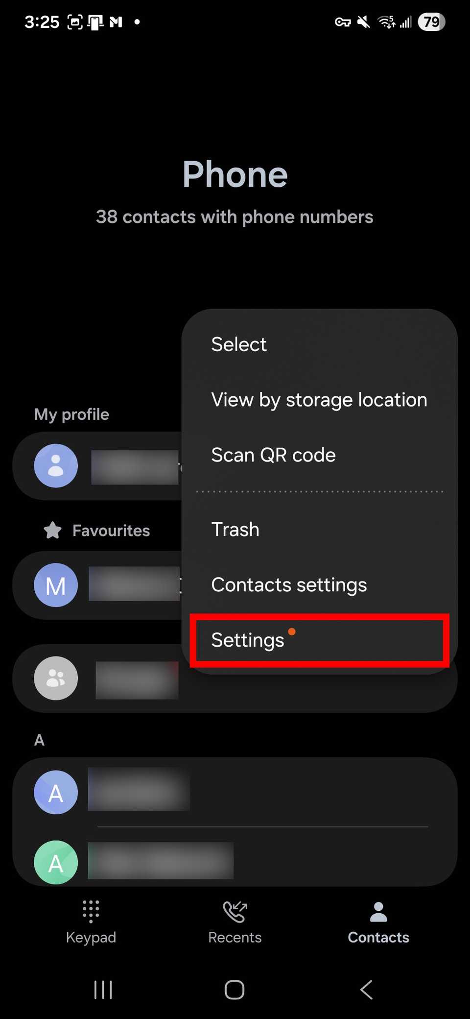 How to record calls on the Galaxy S25 2 Red rectangle outline highlighting Settings in Samsung Phone app
