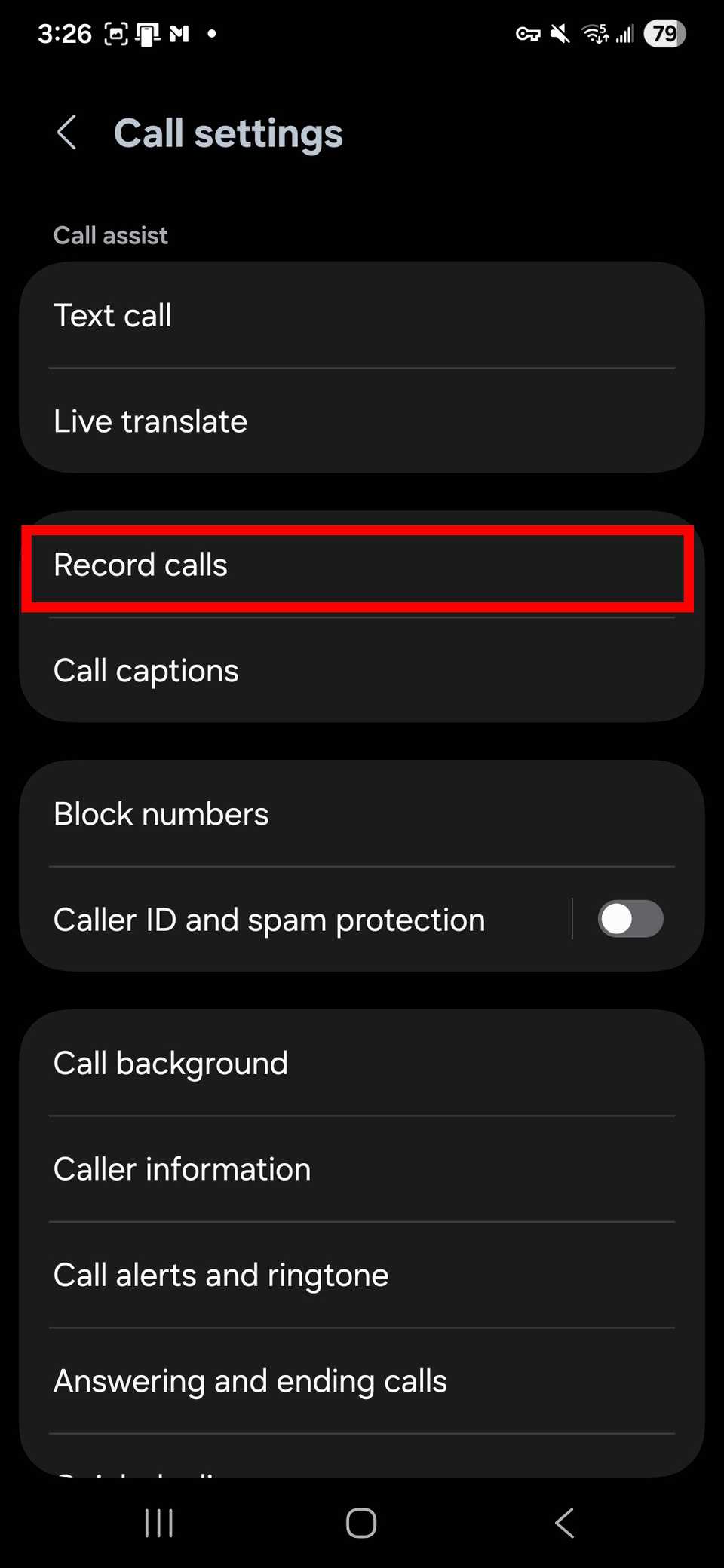 Red rectangle outline highlighting Record calls in Samsung Call settings in the phone app
