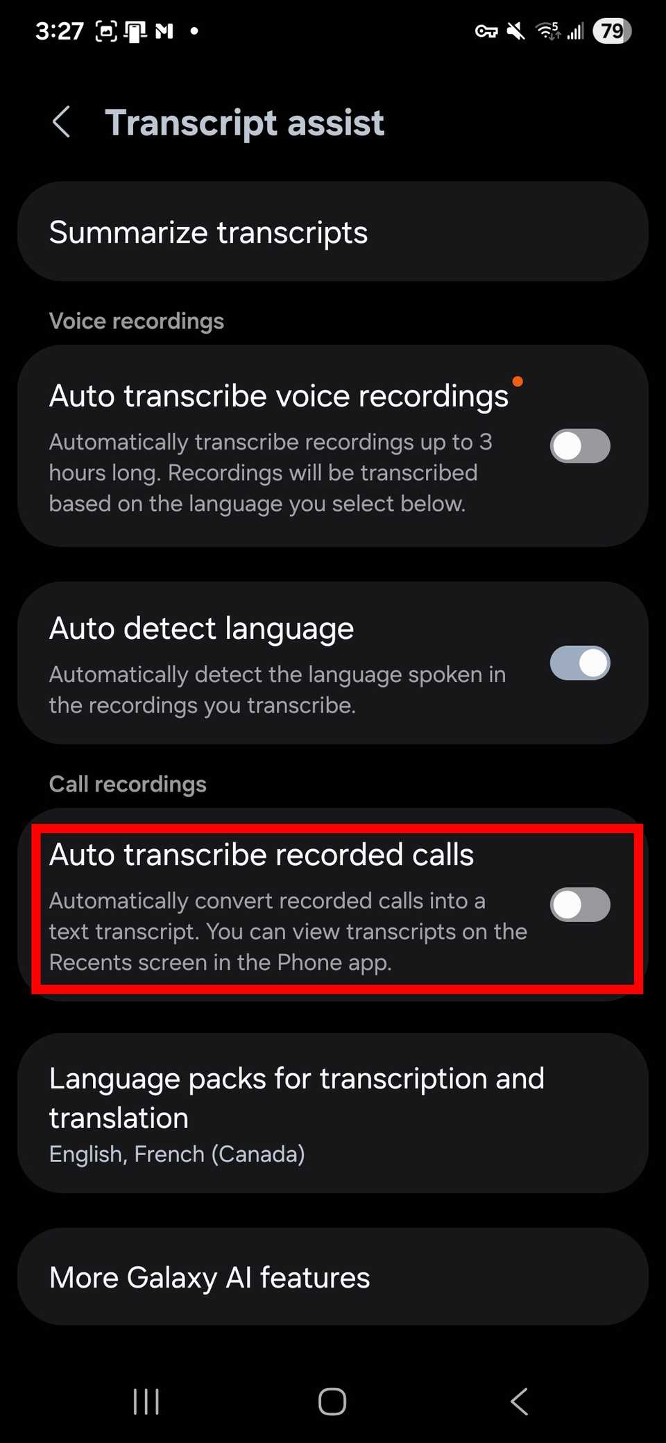 Red rectangle outline highlighting Auto transcribe recorded calls toggle in Transcript assist settings in Samsung Phone app