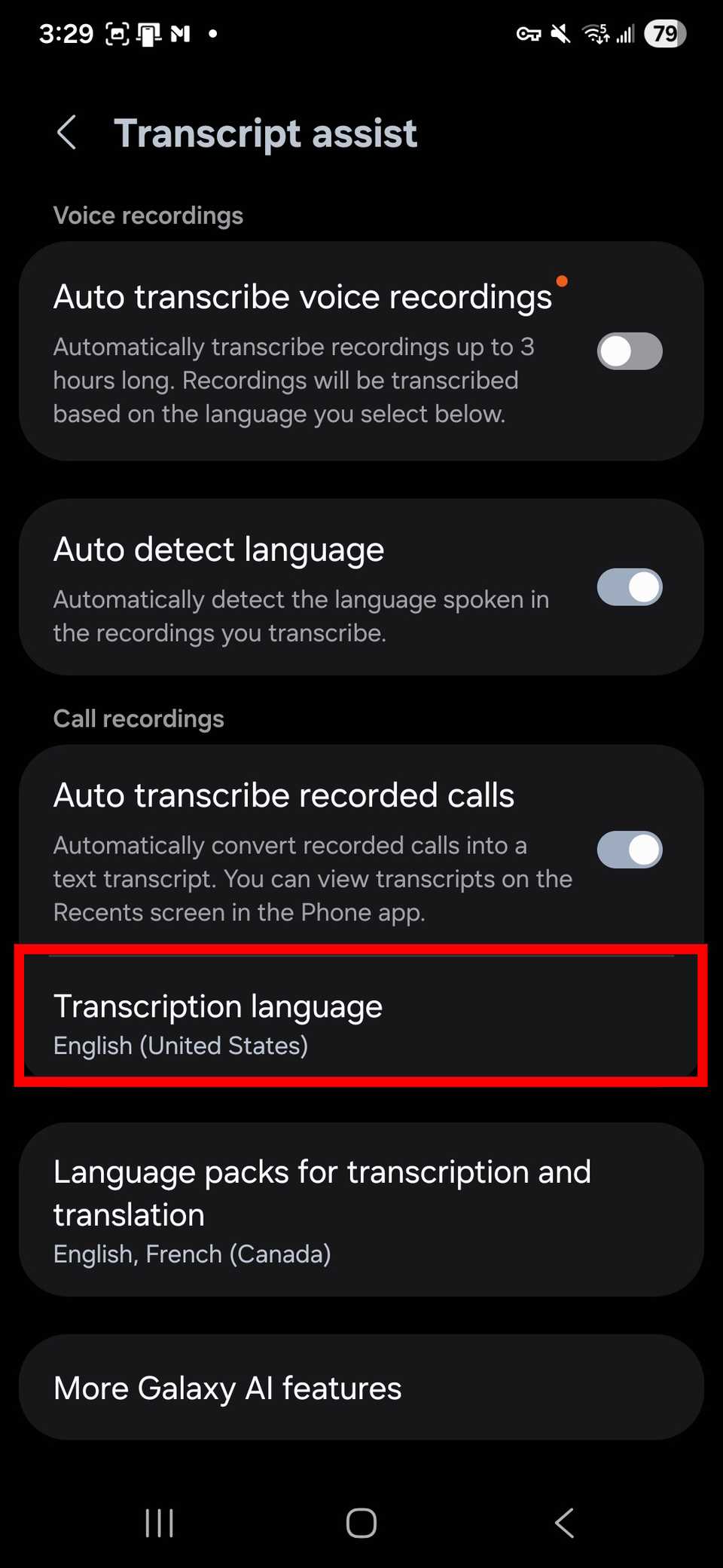 Red rectangle outline highlighting Transcription language in Transcription assist settings in Samsung Phone app