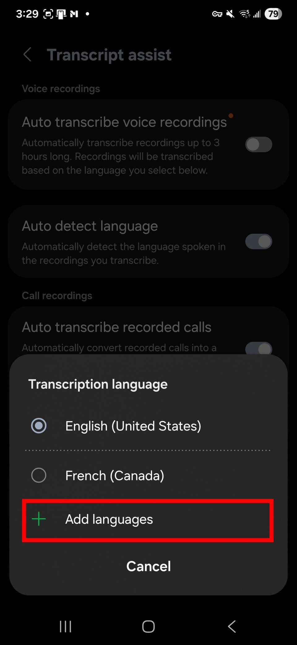 Red rectangle outline highlighting Add languages in Transcription language window in Samsung Phone app