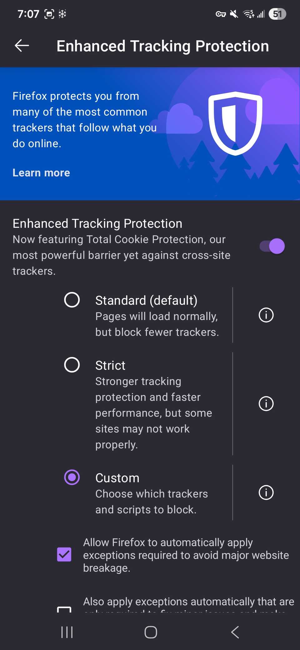 Selecting Custom for enhanced tracking protection on Mozilla Firefox on Android