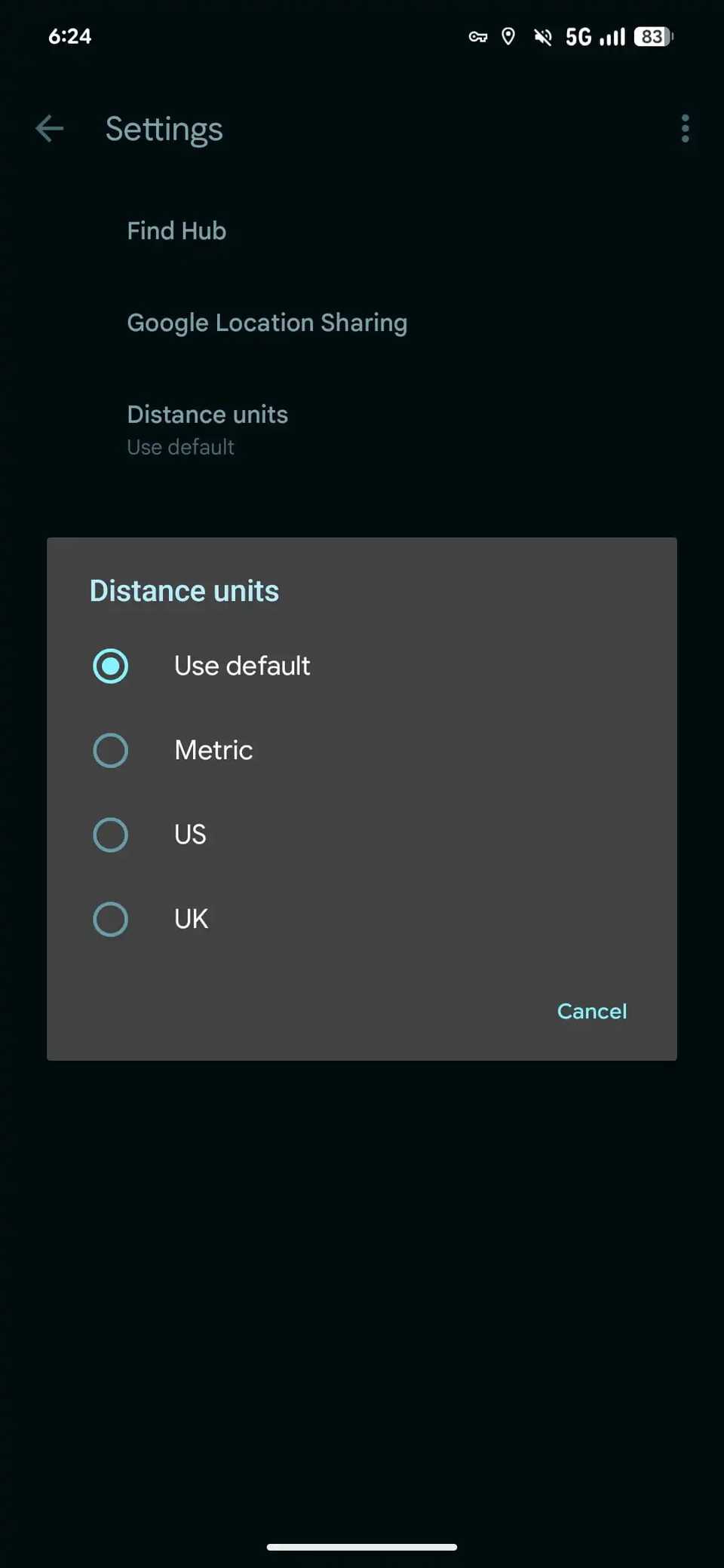 Screenshot showing Find Hub's distance units