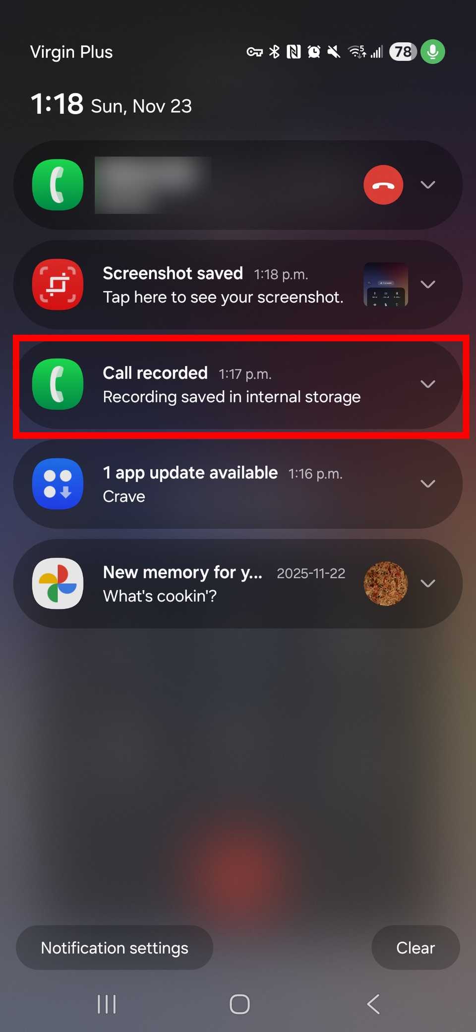 Red rectangle outline highlighting Call recorded of a recent call recording using the Samsung Phone app in notifications panel