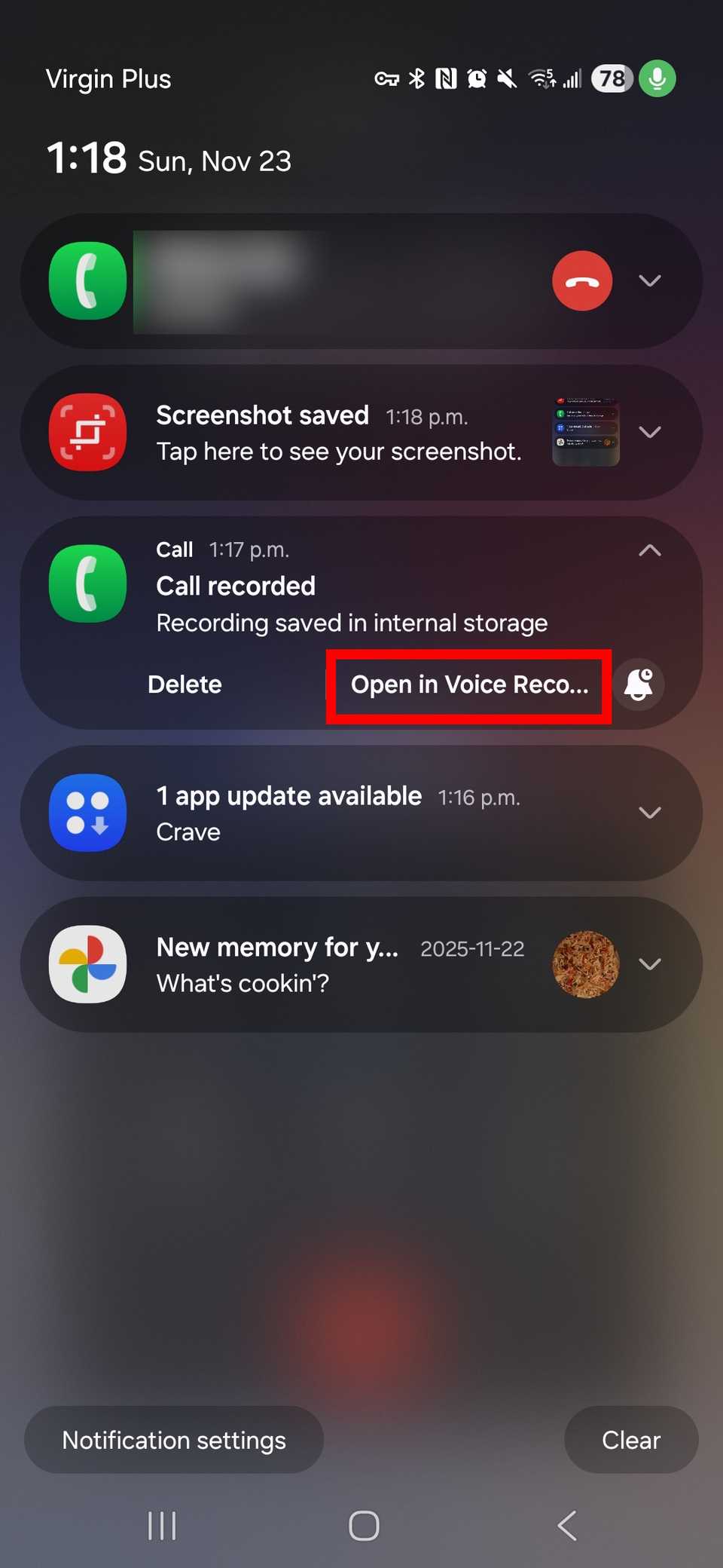 How to record calls on the Galaxy S25 12 Red rectangle outline highlighting Open in Voice Recorder app in the notifications panel