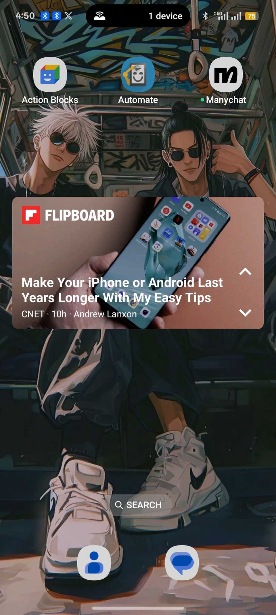 Flipboard widget showing mobile phone care post headline on Android Home Screen