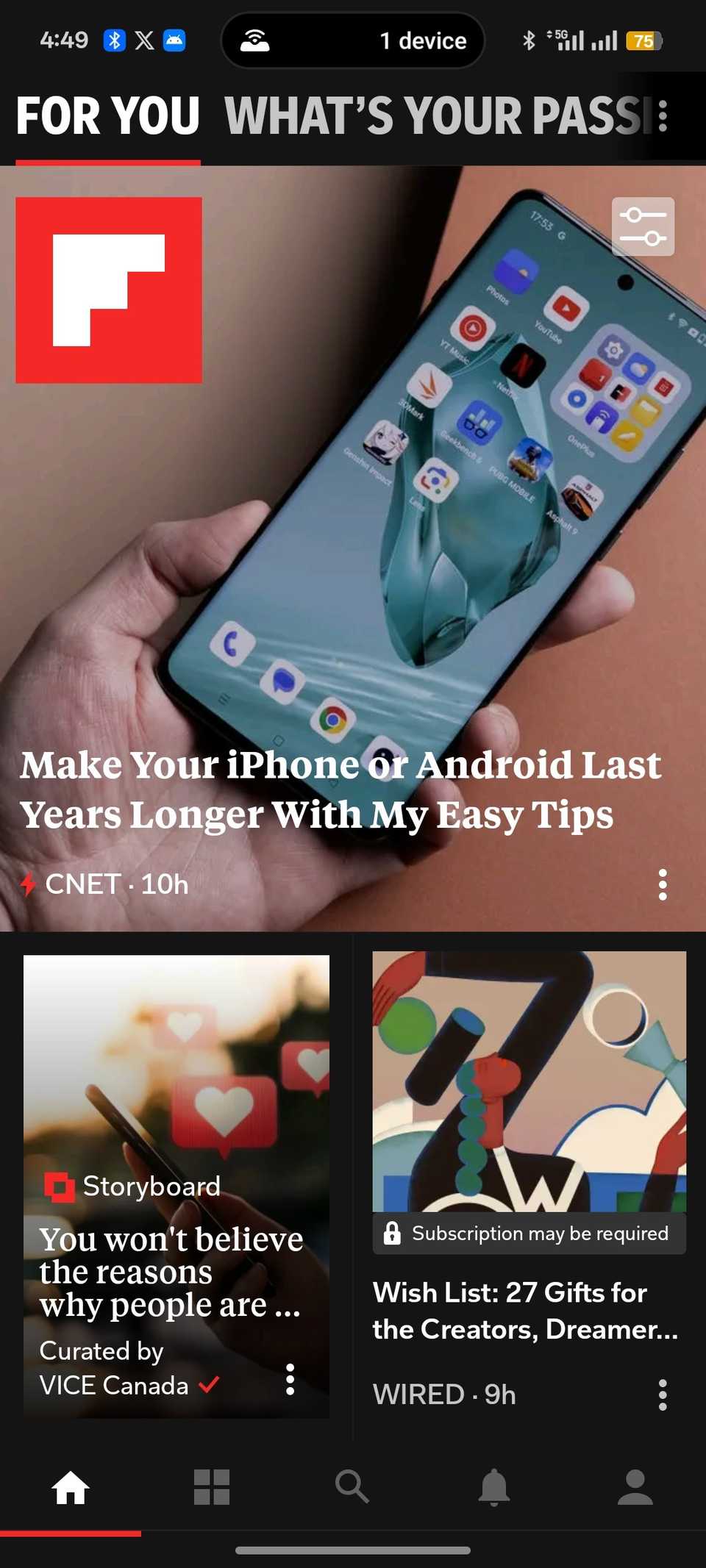 Home menu showing post headlines and featured images on Flipboard app