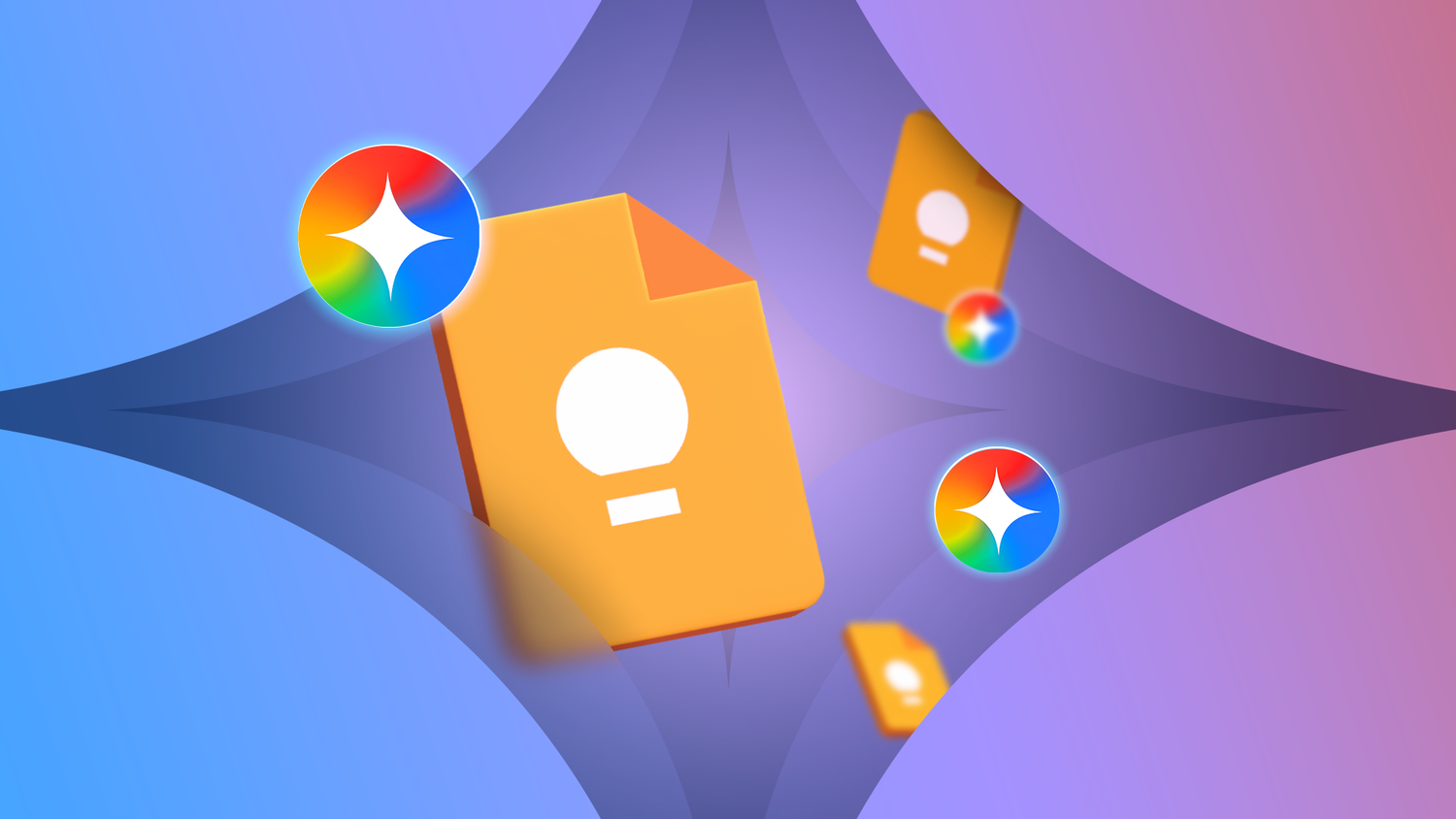 Floating Google Keep icons surrounded by Gemini stars on a colorful blue-to-purple gradient background