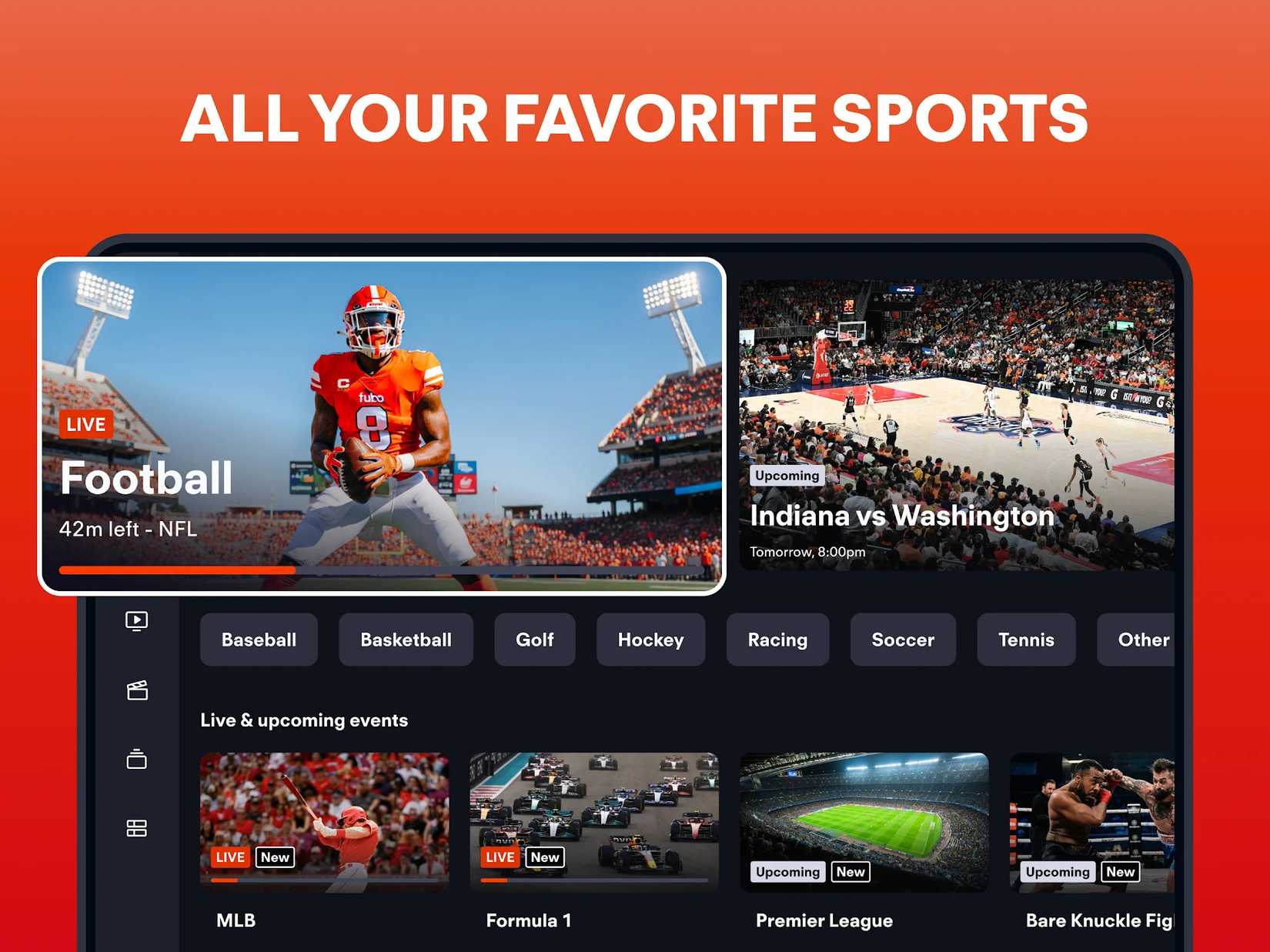 Interface do aplicativo de streaming Fubo mostrando esportes ao vivo e futuros, como futebol americano da NFL, basquete, golfe, Fórmula 1 e Premier League sob o título “Todos os seus esportes favoritos