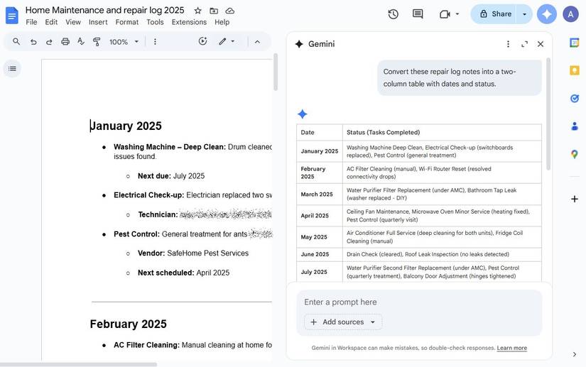 Captura de tela mostrando a integração do Gemini com o Google Docs