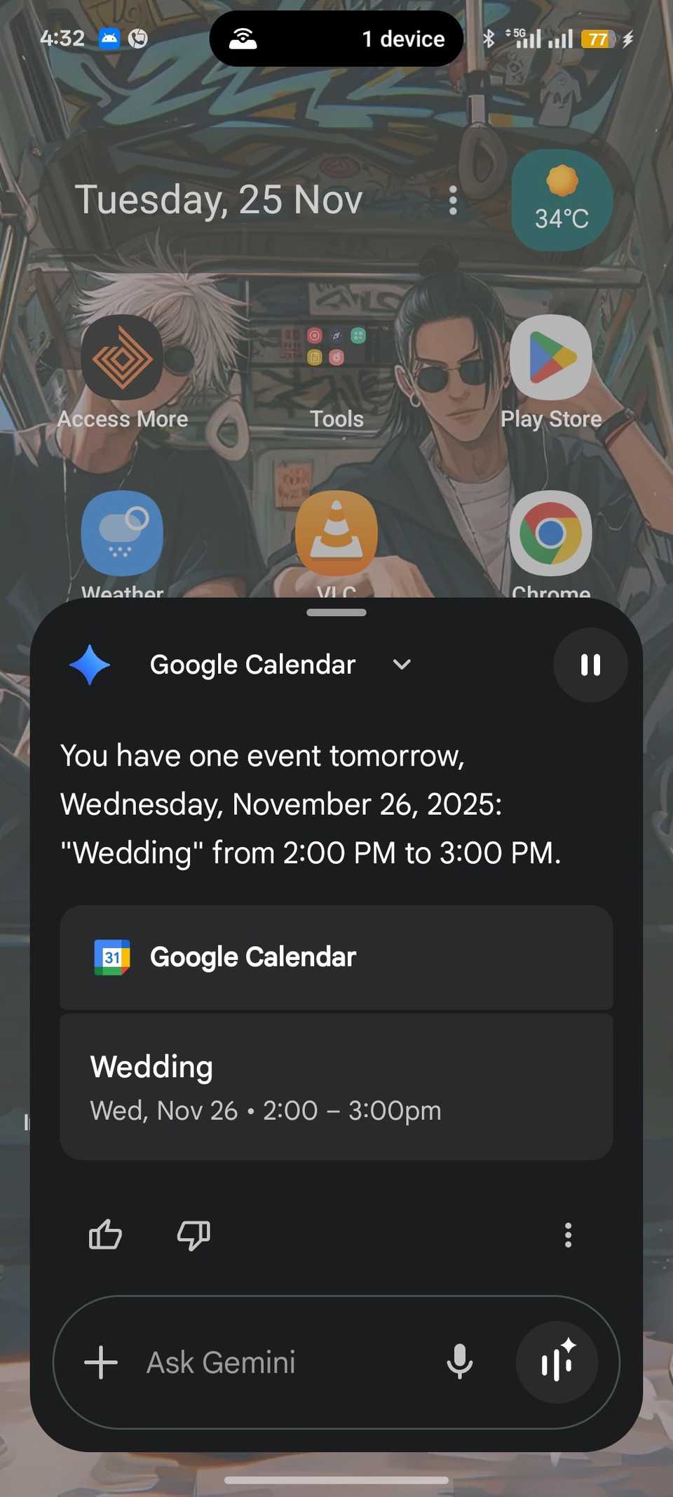 Gemini reminds user of wedding event the next when commanded