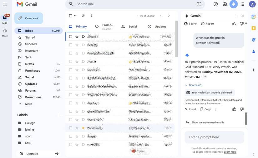 Screenshot showing the Gemini integration in Gmail