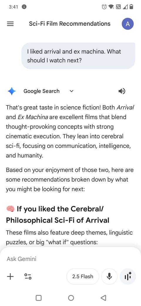 Screenshot showing movie suggestions in the Gemini app