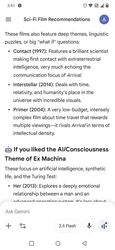 Screenshot showing sci-fi movie recommendations in the Gemini app