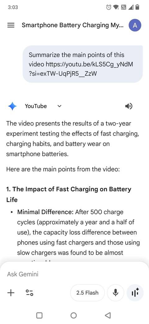 Screenshot showing a YouTube summary in the Gemini app