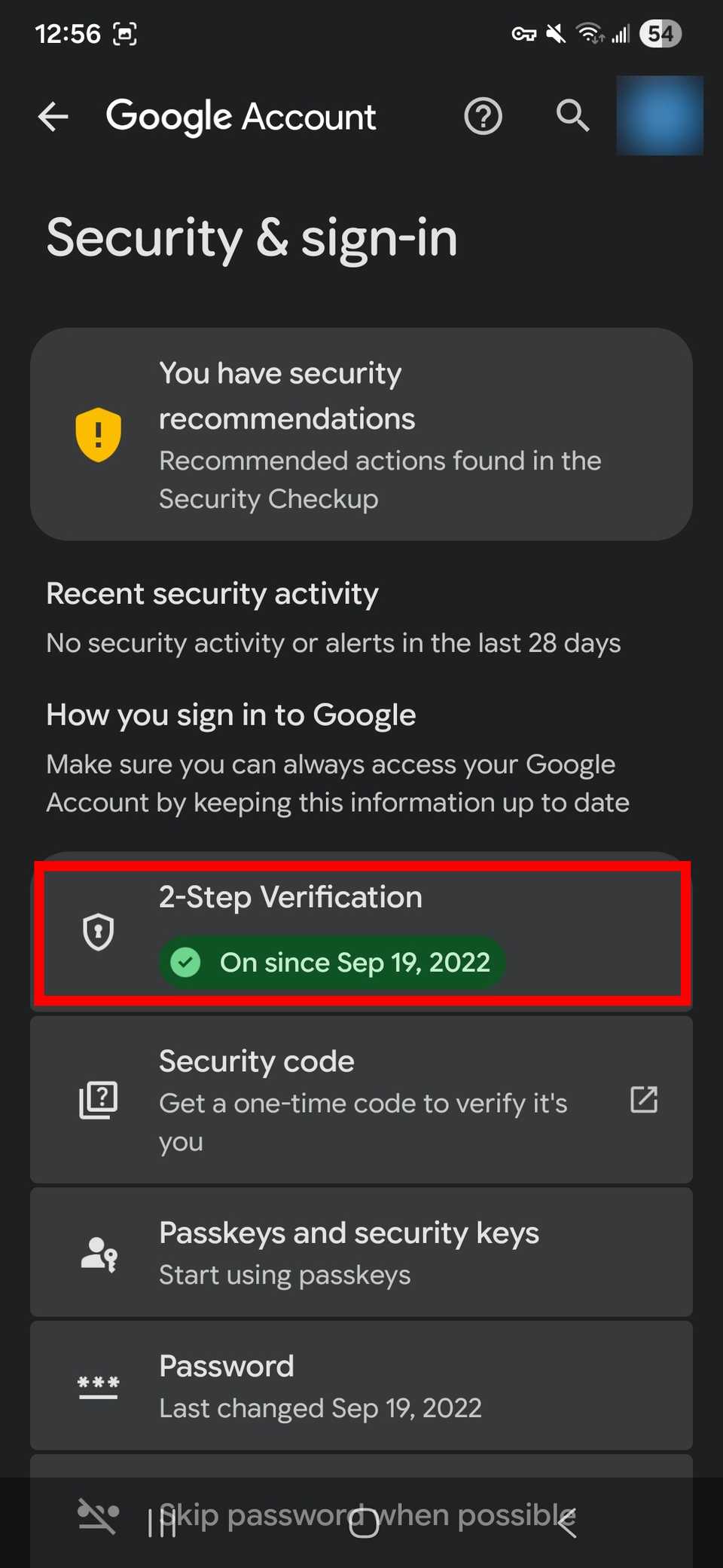 Red rectangle outline highlighting 2-Step verification option in Security & sign-in settings in your Google account