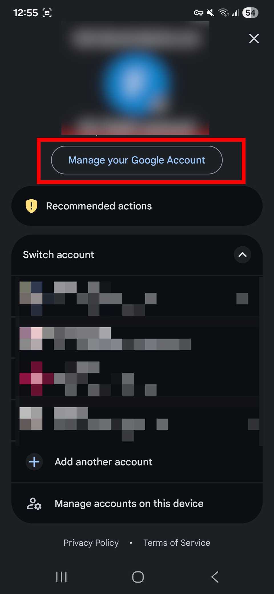 Red rectangle outline highlighting Manage your Google Account in Gmail app