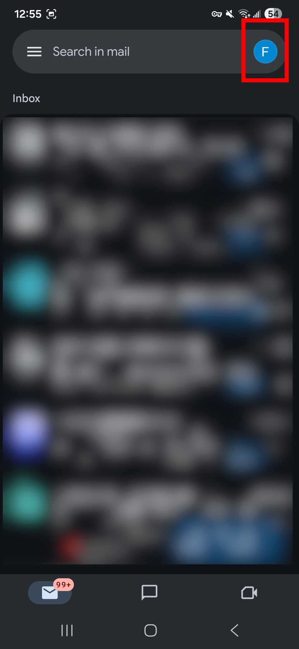 Red rectangle outline highlighting profile icon in the gmail app in upper-right corner