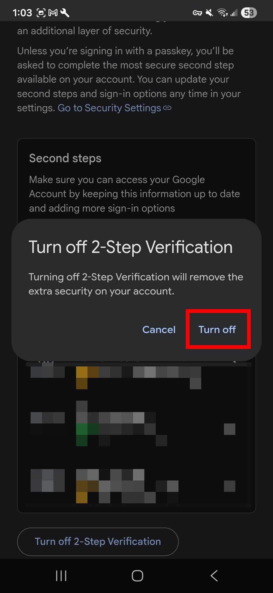 Red rectangle outline highlighting the Turn off option in the Turn off 2-Step verification window for a Google account